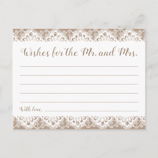 麻とレースのウェディングウィッシュカード、ラスティック ポストカード (正面)