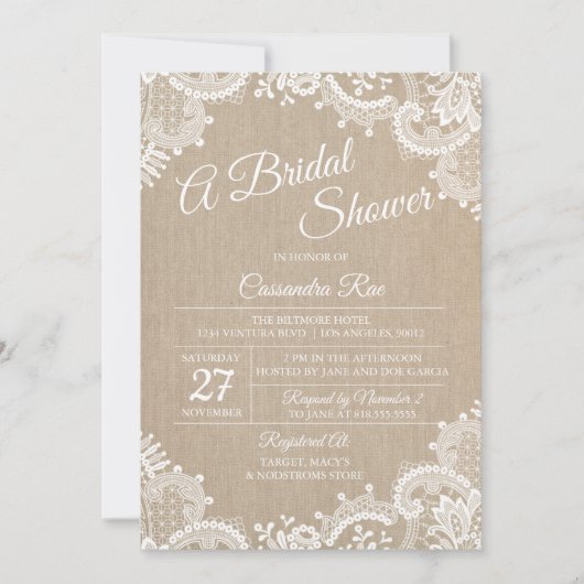 麻とレースのウェディングシャワーの招待状 招待状 (正面)