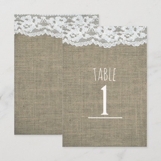 麻とレースのシンプルなラスティックウェディングテーブルナンバー 招待状 (正面/裏面)