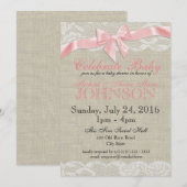 麻とレースのピンクのベビーシャワー 招待状 (正面/裏面)