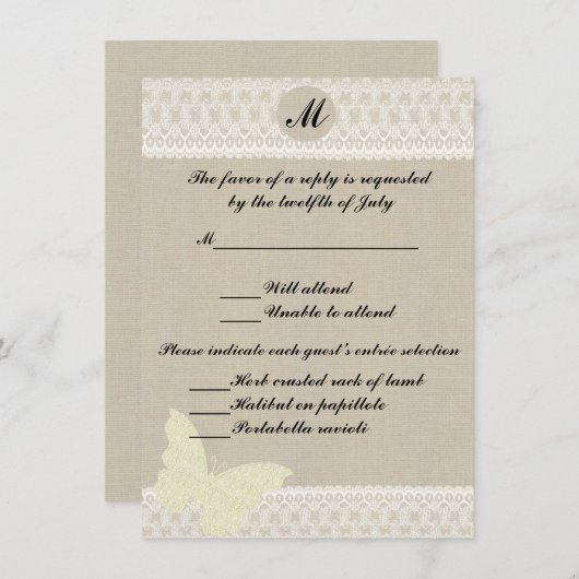 麻とレースのモノグラム返信カード 招待状 (正面/裏面)