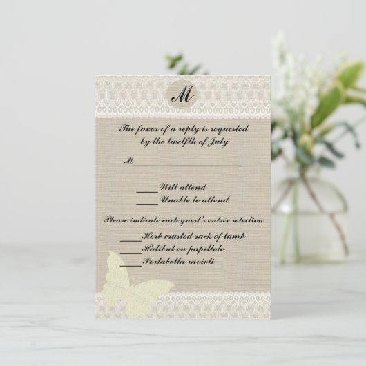麻とレースのモノグラム返信カード 招待状 (スタンド正面)