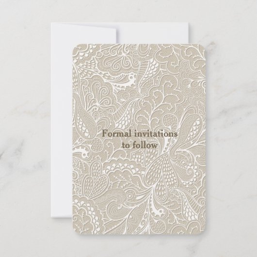 麻とレースのラスティックな結婚式のSave The Date 招待状 (裏面)