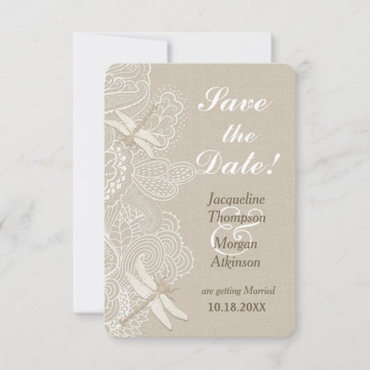 麻とレースのラスティックな結婚式のSave The Date 招待状 (正面)