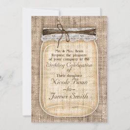 麻とレースの付いた大きなメイソンジャー - ラスティックウェディング 招待状