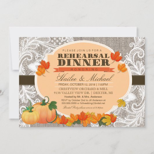 麻とレースの秋の落ち葉とパンプキンのリハーサルディナー 招待状 (正面)