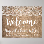 麻とレースの結婚式看板 - ハッピーエバーアフター ポスター (正面)