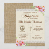 麻とレースの花の洗礼・ baptism ルスティックガール 招待状 (正面/裏面)