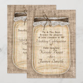 麻とレースの飾りが付いた大きなメイソンジャー　ラスティックウェディング 招待状 (正面/裏面)