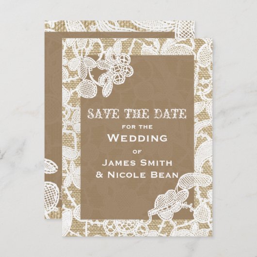 麻と白の花レースの素朴なSave The Date 案内ポストカード (正面/裏面)