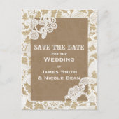 麻と白の花レースの素朴なSave The Date 案内ポストカード (正面)