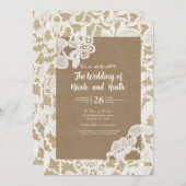 麻と白の花レース エレガントなラスティックウェディング 招待状 (正面/裏面)