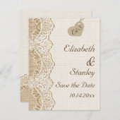 麻のクロスに白レースとハートのウェディング Save the Date 招待状 (正面/裏面)