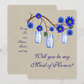 麻のサテン ブルーのメイソンジャー メイド オブ オナー カード (正面/裏面)