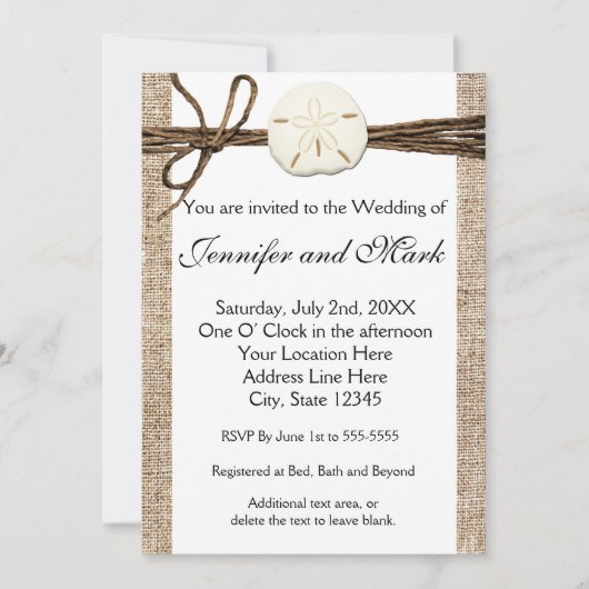 麻のサンドダラー ビーチ ラスティック ウェディング 招待状 (正面)