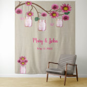 麻のピンクの花のメイソンジャー 写真用背景 タペストリー (インサイチュ)
