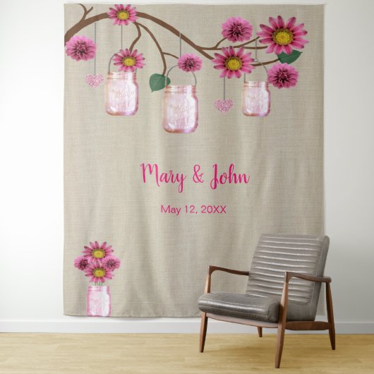 麻のピンクの花のメイソンジャー　写真用背景 タペストリー (インサイチュ)