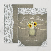 麻のレースのひまわりとデイジーのメイソン　セーブ・ザ・デート 案内ポストカード (正面/裏面)