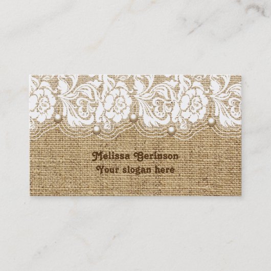 麻の上の白いレースと真珠の色のバーラップ 名刺 (正面)