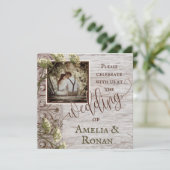 麻の入った木製のウェディング 招待状 (スタンド正面)