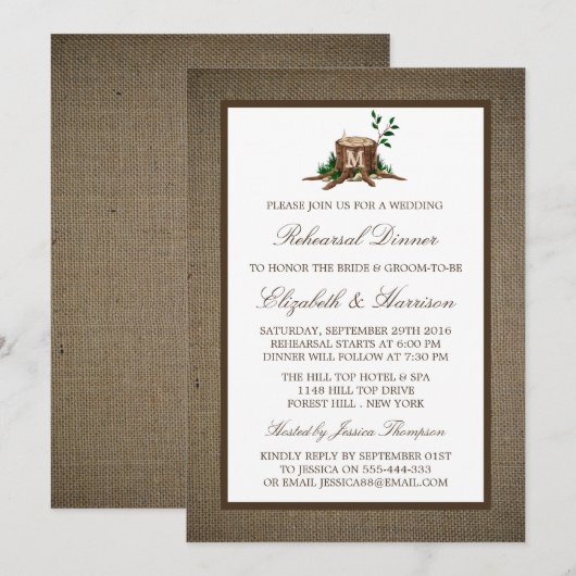 麻の木のモノグラムがプリントされたリハーサルディナー招待状 招待状 (正面/裏面)