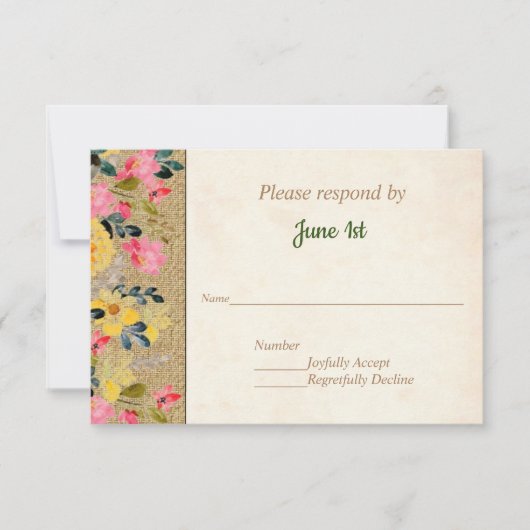 麻の生地に咲く国花のウェディング招待状 RSVP 招待状 (正面)