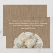 麻の織物にインスパイアされた白いバラの結婚式招待状 招待状 (正面/裏面)