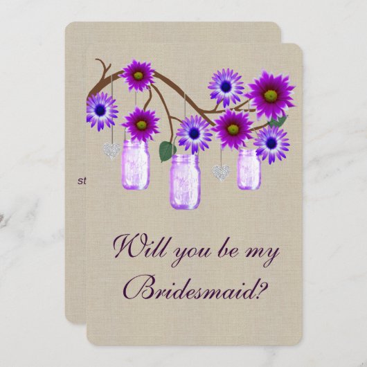 麻の葉のラスティックパープルのメイソンジャー ブライドメイドカード 招待状 (正面/裏面)