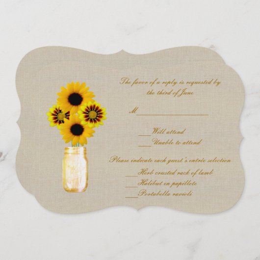 麻の葉の素朴な黄色のメイソンジャー返信カード 招待状 (正面/裏面)