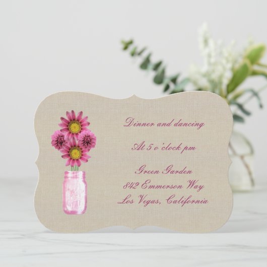 麻の葉の飾りが付いた、素朴なピンクのメイソンジャー　受付カード 招待状 (スタンド正面)