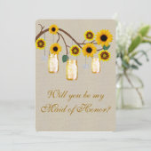麻の黄色の飾りがついたメイソンジャー風の前衛的なメイド・オブ・オナーカード 招待状 (スタンド正面)