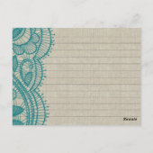麻布およびティール(緑がかった色)のレースのパーソナライズなレシピカード ポストカード (裏面)