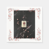 麻雀が赤い龍とナプキンをテーマにした スタンダードカクテルナプキン (正面)