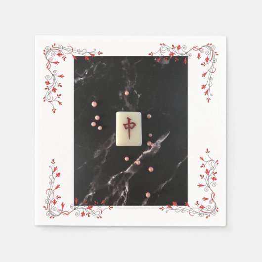麻雀が赤い龍とナプキンをテーマにした スタンダードカクテルナプキン (正面)