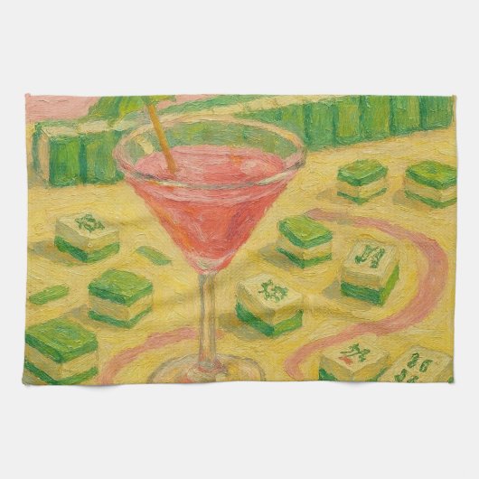 麻雀のシックな絵画カクテルデザイン キッチンタオル (横)