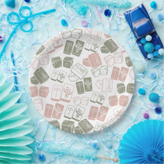 麻雀のタイルとサイコロのピンクとカーキ ペーパープレート (パーティー)