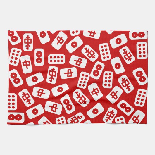 麻雀のタイルは赤に白 キッチンタオル (横)