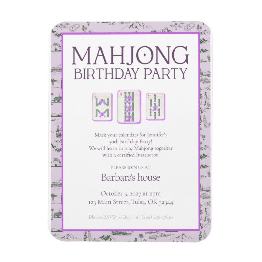 麻雀の誕生日パーティー招待状、紫のトワル・ド・ジュイ マグネット (縦)