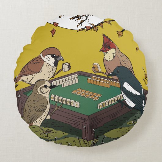 麻雀の鳥が遊ぶゲーム ラウンドクッション (正面)