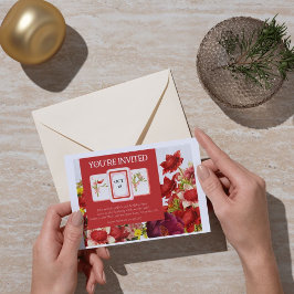 麻雀はっきりしたリッチレッド花模様招待状