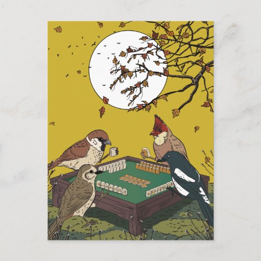 麻雀をする鳥のゲーム ポストカード (正面)