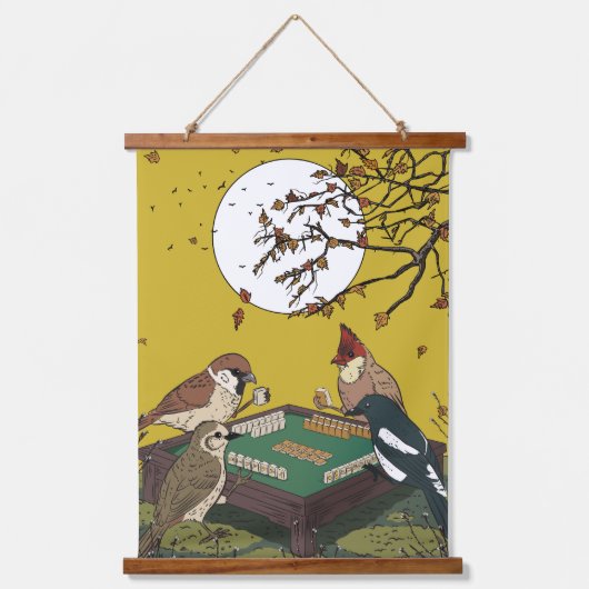 麻雀をする鳥のゲーム  吊り下げ型タペストリー (正面)