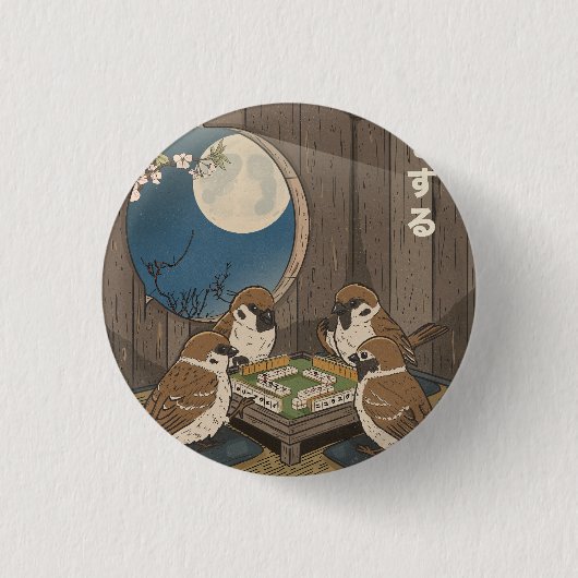 麻雀をする鳥のゲーム  缶バッジ (正面)