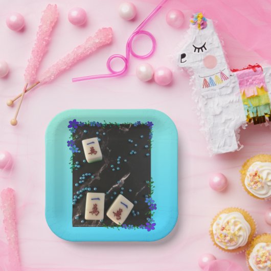 麻雀をテーマにした紙プレートとブルーフローラデザイン ペーパープレート (パーティー)