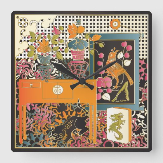 麻雀オレンジテーブル スクエア壁時計 (正面)