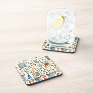 麻雀チノワズリー タイル 水彩 花 鳥 コースター