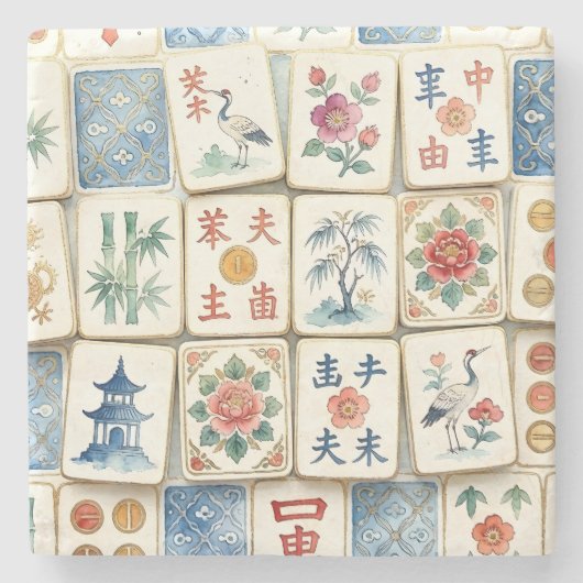 麻雀チノワズリー タイル 水彩 花 鳥 ストーンコースター (正面)
