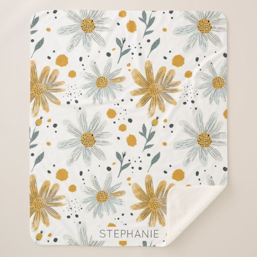 黄お洒落色及び白色花柄 シェルパブランケット (正面)