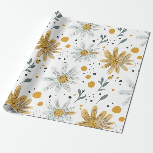 黄お洒落色及び白色花柄 ラッピングペーパー (アンロールド)