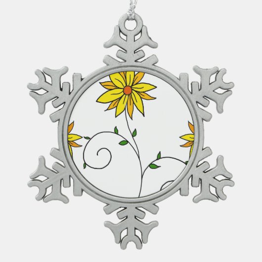 黄お洒落色花ドードルアート スノーフレークピューターオーナメント (正面)